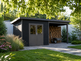 Linholm WPC Gartenhaus Linia 5628 mit Anbaudach und Rückwand, inkl. Dachrinnen-Set, Anthrazit