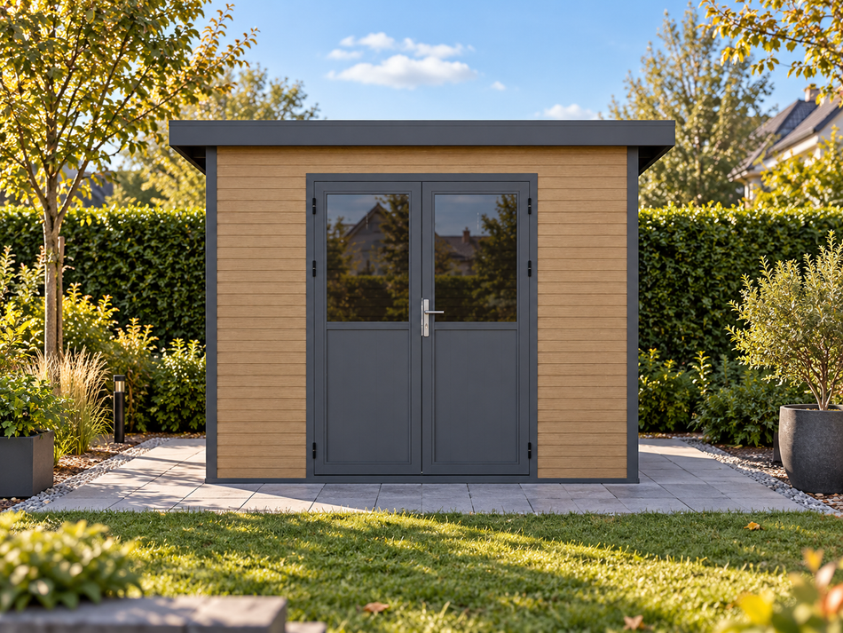 Linholm WPC Gartenhaus Linia 2824 inkl. Dachrinnen-Set, Natur-Beige/Anthrazit