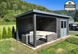 Linholm WPC Gartenhaus Linia 5628 mit Anbaudach und Rückwand, inkl. Dachrinnen-Set, Anthrazit