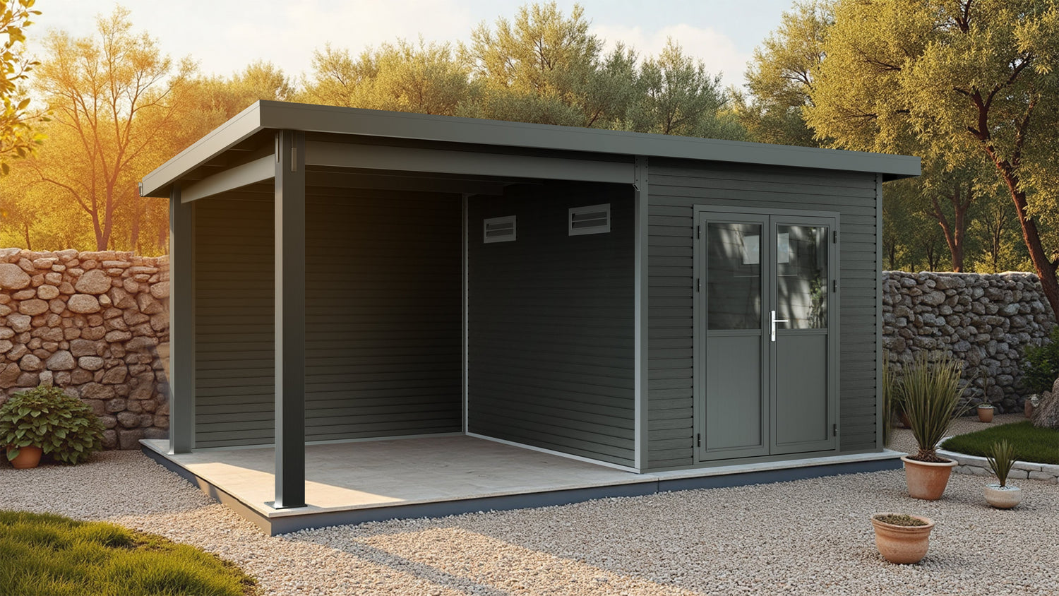 Linholm WPC Gartenhaus Linia 5228 mit Anbaudach