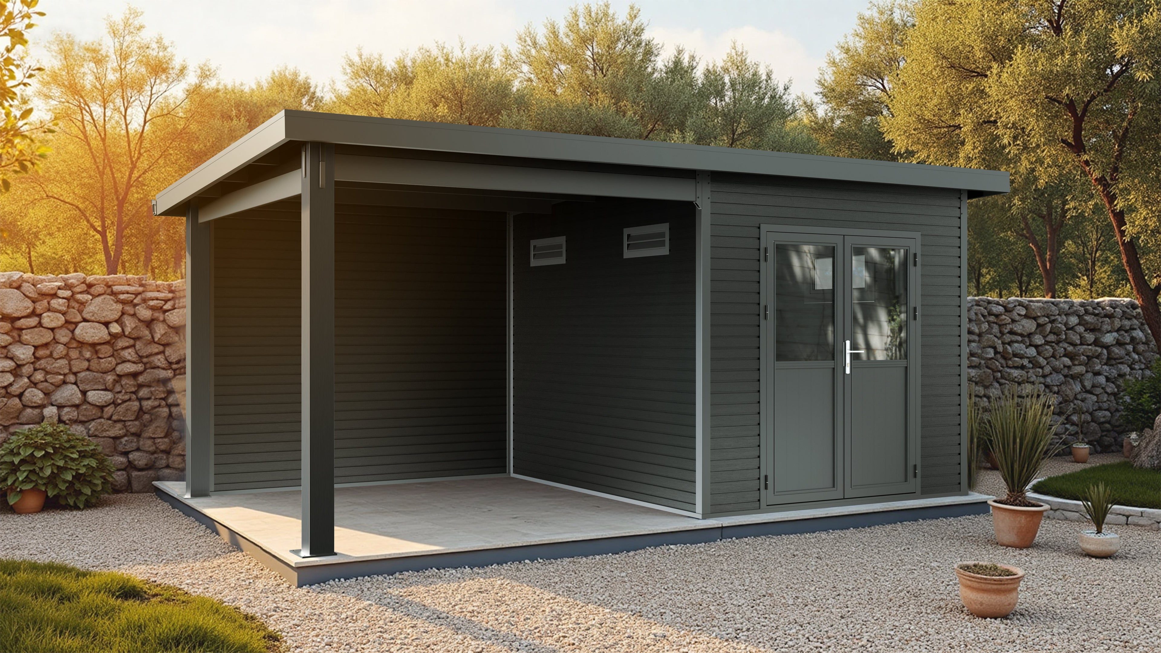 Linholm WPC Gartenhaus Linia 5228 mit Anbaudach