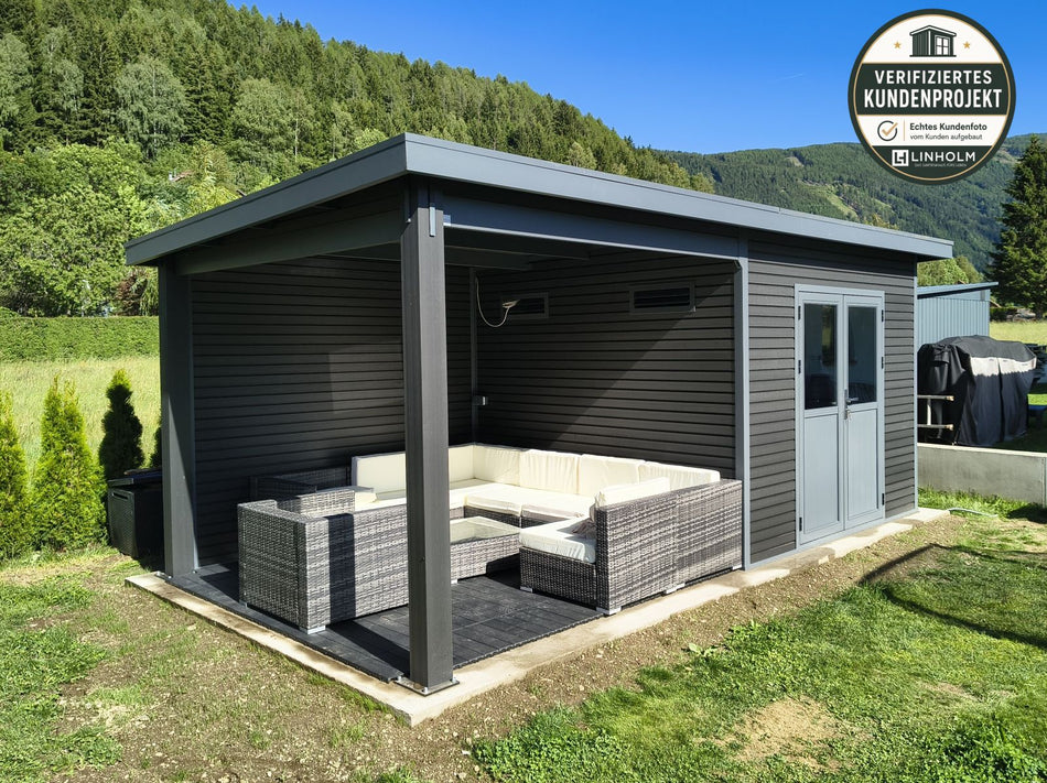 Linholm WPC Gartenhaus Linia 5628 mit Anbaudach und Rückwand, inkl. Dachrinnen-Set, Anthrazit