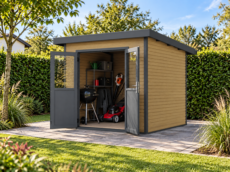 Linholm WPC Gartenhaus Linia 2424 inkl. Dachrinnen-Set, Natur-Beige/Anthrazit