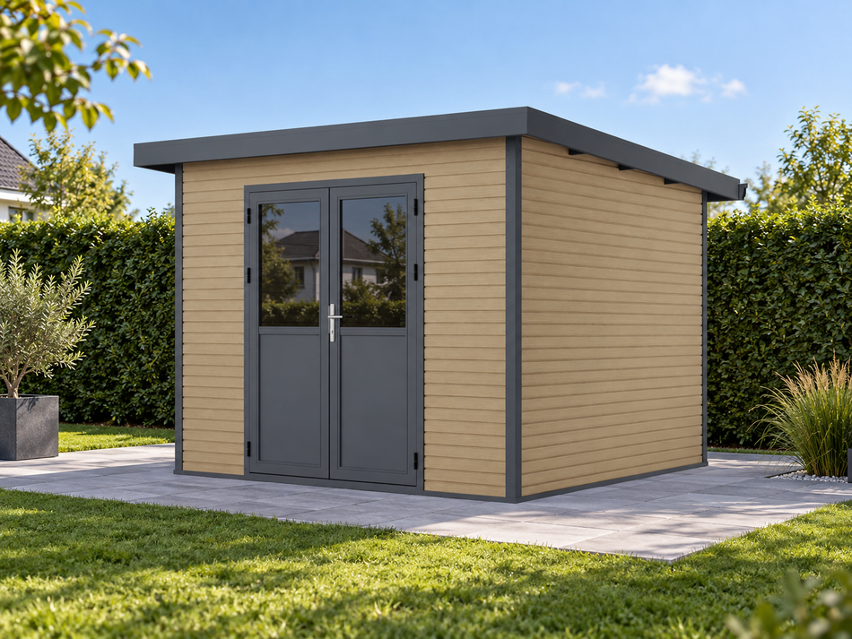 Linholm  WPC Gartenhaus Linia 2828 inkl. Dachrinnen-Set, Natur-Beige/Anthrazit