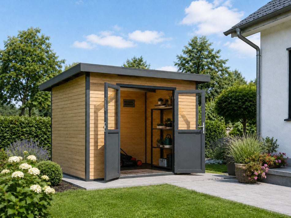 Linholm  WPC Gartenhaus Linia 2828 inkl. Dachrinnen-Set, Natur-Beige/Anthrazit