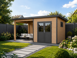 Linholm WPC Gartenhaus Linia 5228 mit Anbaudach und Rückwand, inkl. Dachrinnen-Set, Natur-Beige/Anthrazit