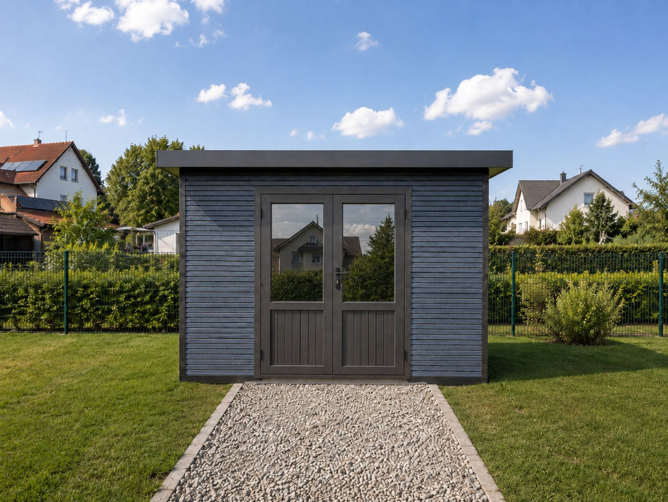 Linholm WPC Gartenhaus Norvia 3030 inkl. Dachrinnen-Set, 2-farbig Dunkelgrau/Anthrazit
