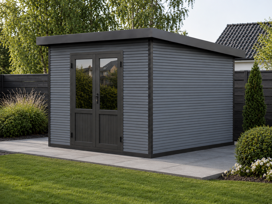 Linholm WPC Gartenhaus Norvia 3030 inkl. Dachrinnen-Set, 2-farbig Dunkelgrau/Anthrazit