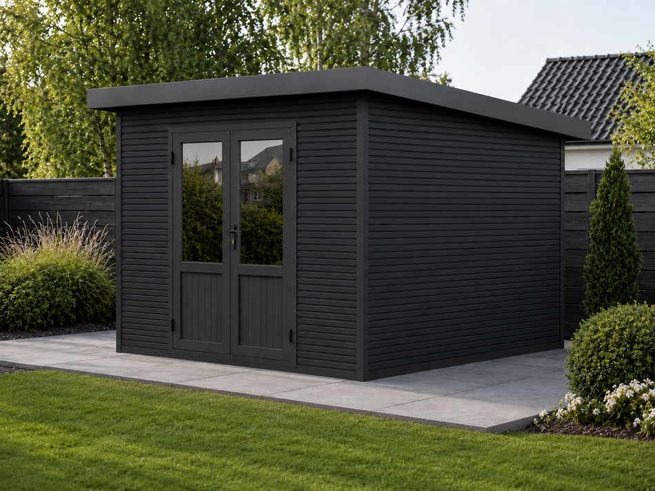 Linholm WPC Gartenhaus Norvia 3030 inkl. Dachrinnen-Set, 2-farbig Dunkelgrau/Anthrazit