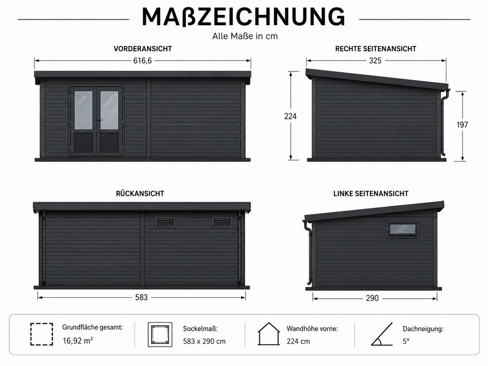 Linholm WPC Gartenhaus Norvia 5829 mit Anbaudach und Rückwand, inkl. Dachrinnen-Set, Dunkelgrau