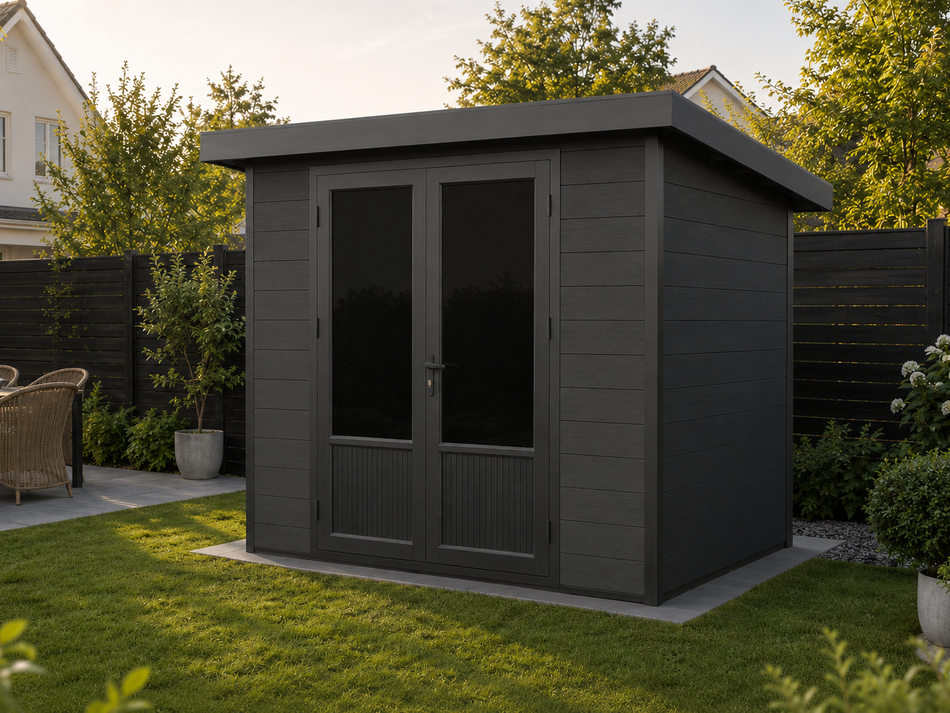 Linholm WPC Gartenhaus Lignum 2420, inkl. Dachrinnen-Set, 2-farbig Dunkelgrau/Anthrazit