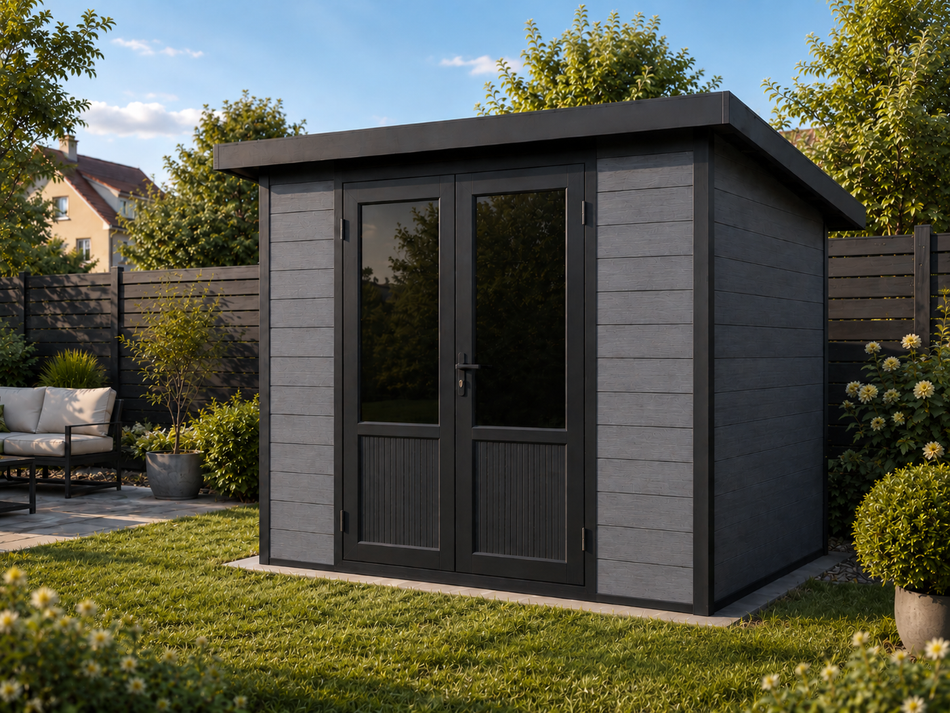 Linholm WPC Gartenhaus Lignum 2420, inkl. Dachrinnen-Set, 2-farbig Dunkelgrau/Anthrazit